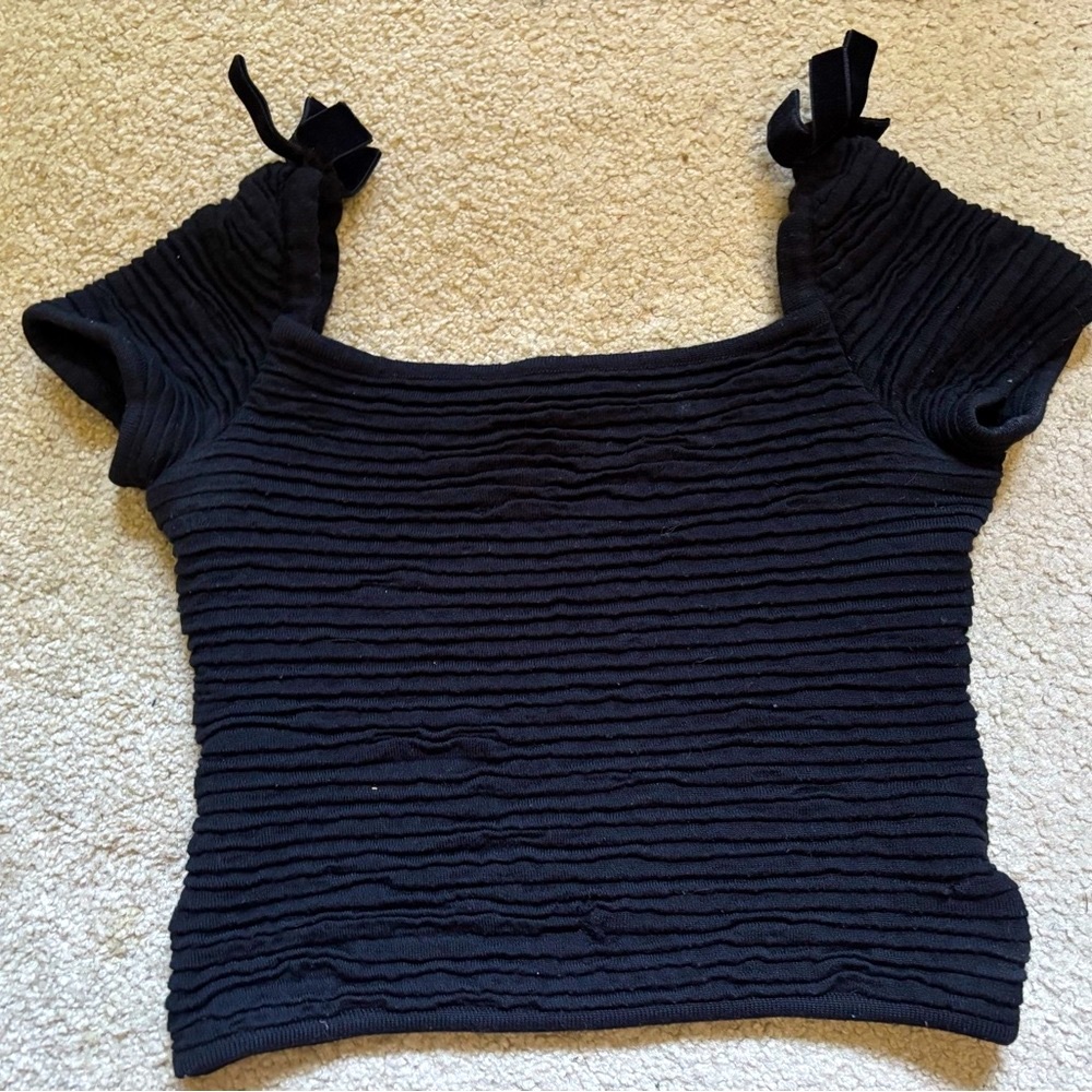 RARE Vintage Valentino Studio Black Short Sleeve Sweater Top Suede Bows 40